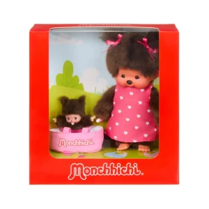 Monchhichi met mini in draagmand